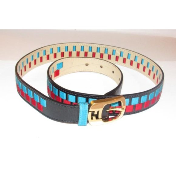 FENDI Black Red Aqua Blue Gold Leather Gold Buckle main image 4